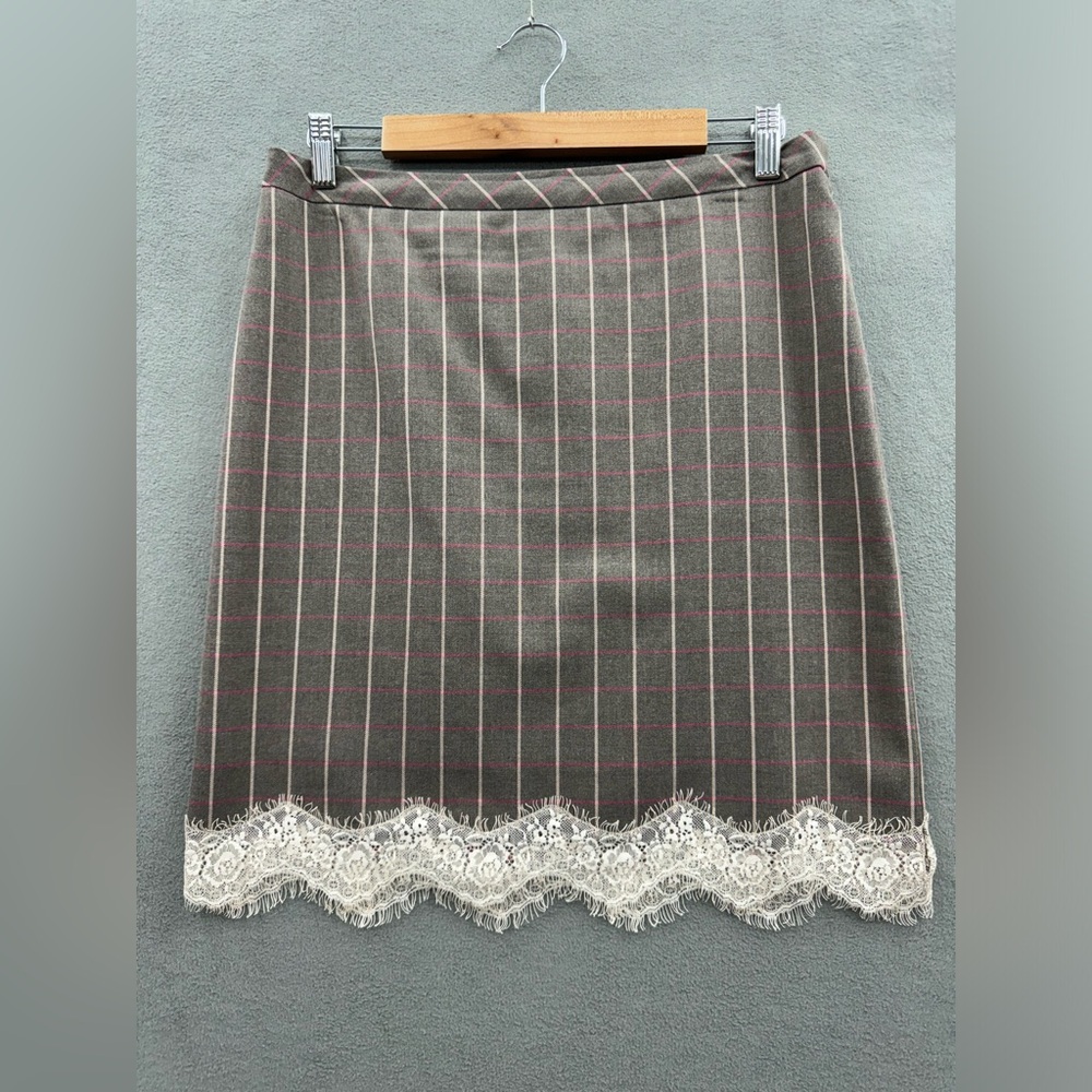 Chelsea 28 Women’s Medium Lace Trim Plaid Brown Pencil Skirt